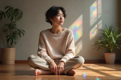 Personne androgyne contemplant des réfractions de lumière arc-en-ciel dans un appartement minimaliste, illustration du concept de spectrasexualité