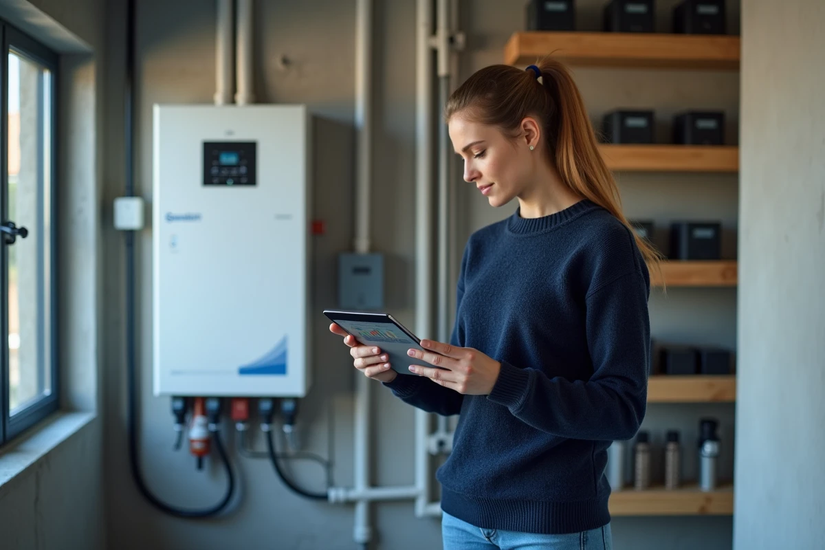 Femme consultant un tableau de bord de gestion d'énergie domestique à côté d'une batterie de stockage d'électricité à domicile