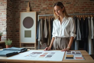 Styliste de mode en studio entourée de planches de tendances et de principes de design textile