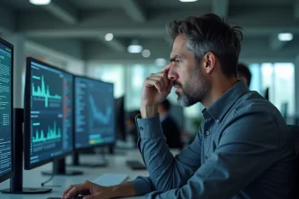 Professionnel en surcharge numérique face à plusieurs écrans dans un bureau moderne, illustrant les limites de la transformation numérique