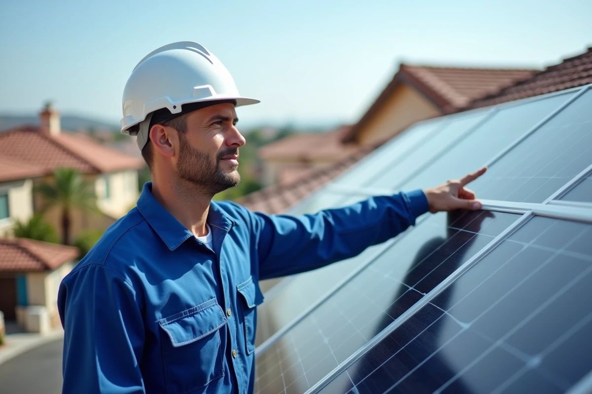 Technicien inspectant des panneaux solaires photovoltaïques sur un toit résidentiel pour évaluer leur rentabilité