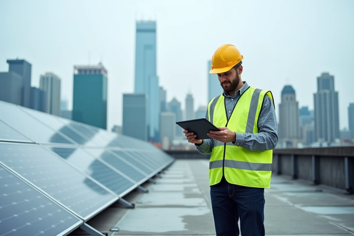 Technicien inspectant des panneaux solaires sur un toit urbain, symbolisant la transition énergétique et les solutions durables pour la protection de l'environnement