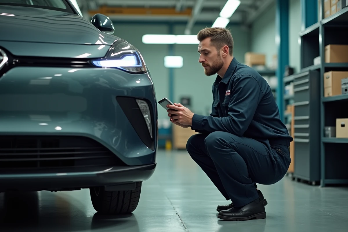 Technicien automobile inspectant un véhicule électrique lors d'une procédure VE en atelier
