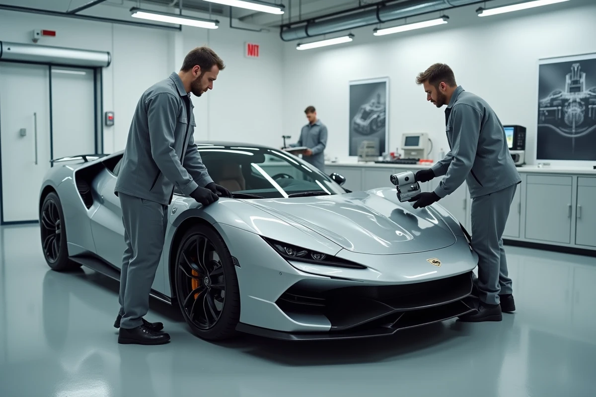 Techniciens automobiles utilisant un scanner 3D sur un prototype de carrosserie de voiture de sport dans un studio de design automobile