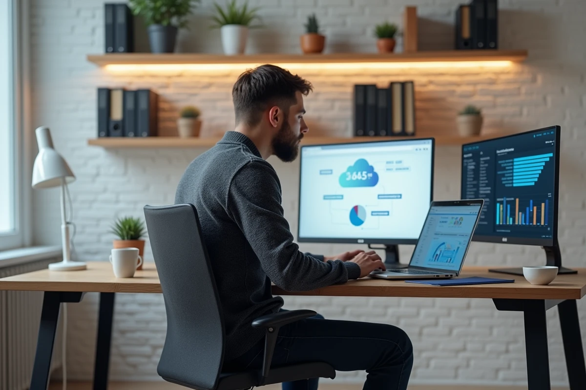 Un professionnel en télétravail consultant des outils numériques de transformation d'entreprise sur son ordinateur portable dans un bureau à domicile moderne