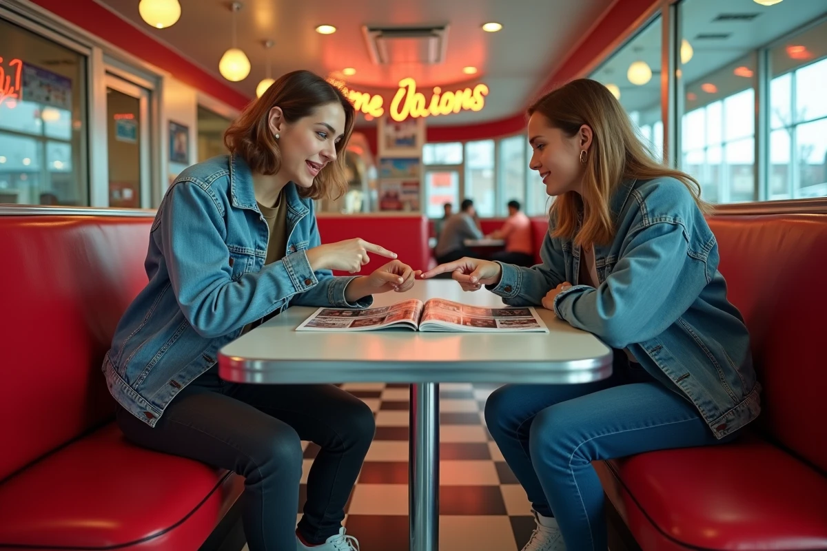 Deux amis en tenue années 90 discutant passionnément autour d'un magazine musical de 1994 dans un diner rétro