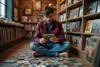 Jeune homme nostalgique dans un magasin de disques vintage entouré de CD et cassettes des années 1990