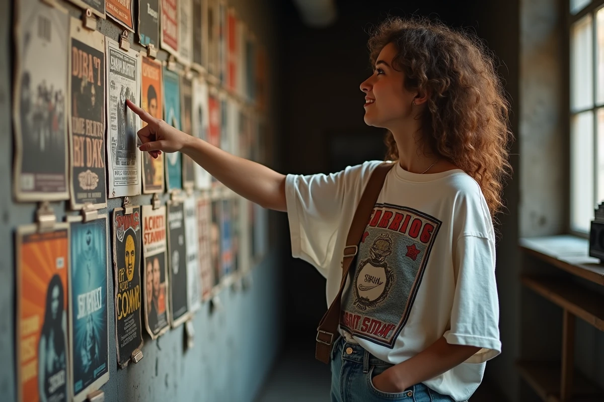 Femme devant un mur de posters de concerts et coupures de magazines musicaux des années 1994