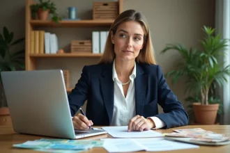 Femme professionnelle examinant des documents de transfert international d'argent à son bureau à domicile