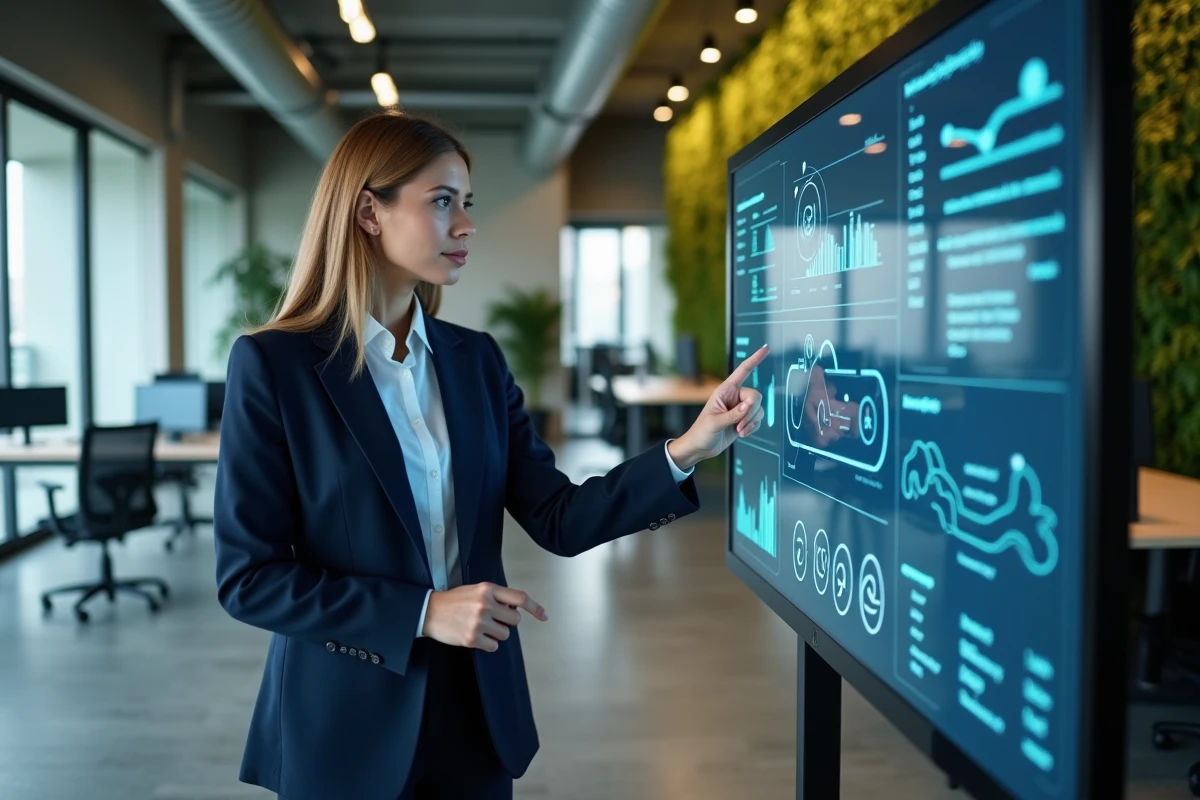 Une professionnelle interagissant avec un tableau de bord numérique dans un bureau moderne, illustrant la transformation numérique des entreprises