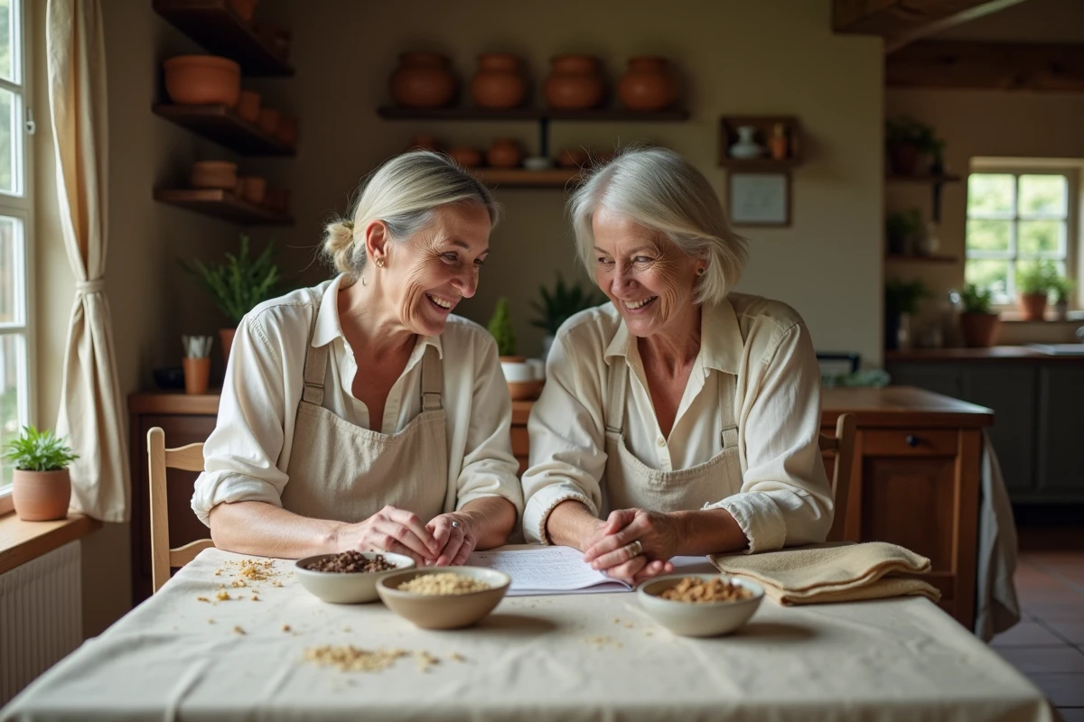 Deux femmes partageant des recettes traditionnelles autour d'une table de ferme, évoquant la transmission du savoir autour de la vrade