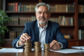 Économiste arrangeant les trois composants de la masse monétaire sur un bureau en bois : billets, pièces et documents financiers