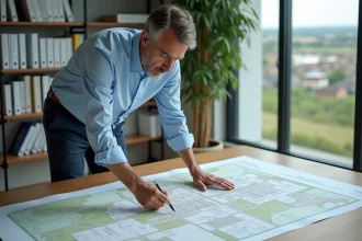 Urbaniste analysant un plan de zonage pour reclassifier un terrain zone naturelle en zone constructible