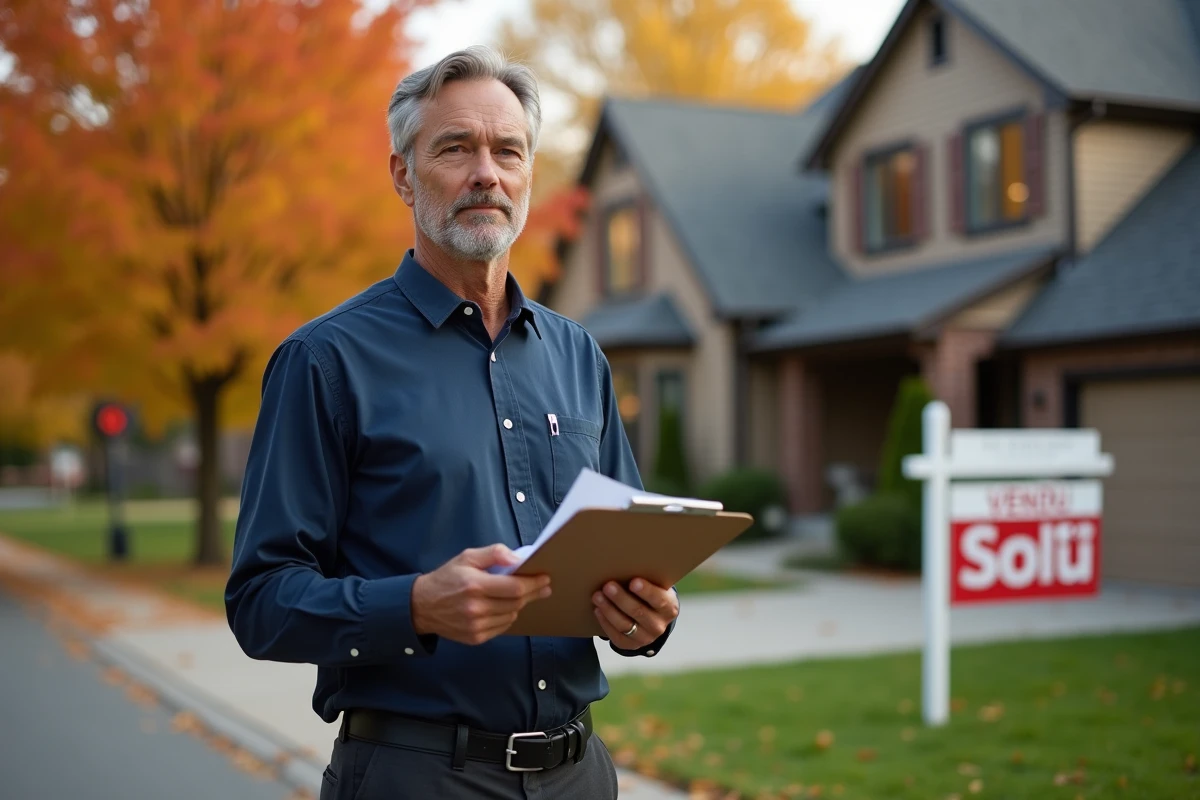 Propriétaire devant une maison vendue avec panneau vendu et documents de vente immobilière