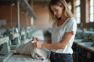Femme examinant l'étiquette d'un vêtement dans une usine textile éthique pour vérifier son origine et sa fabrication responsable