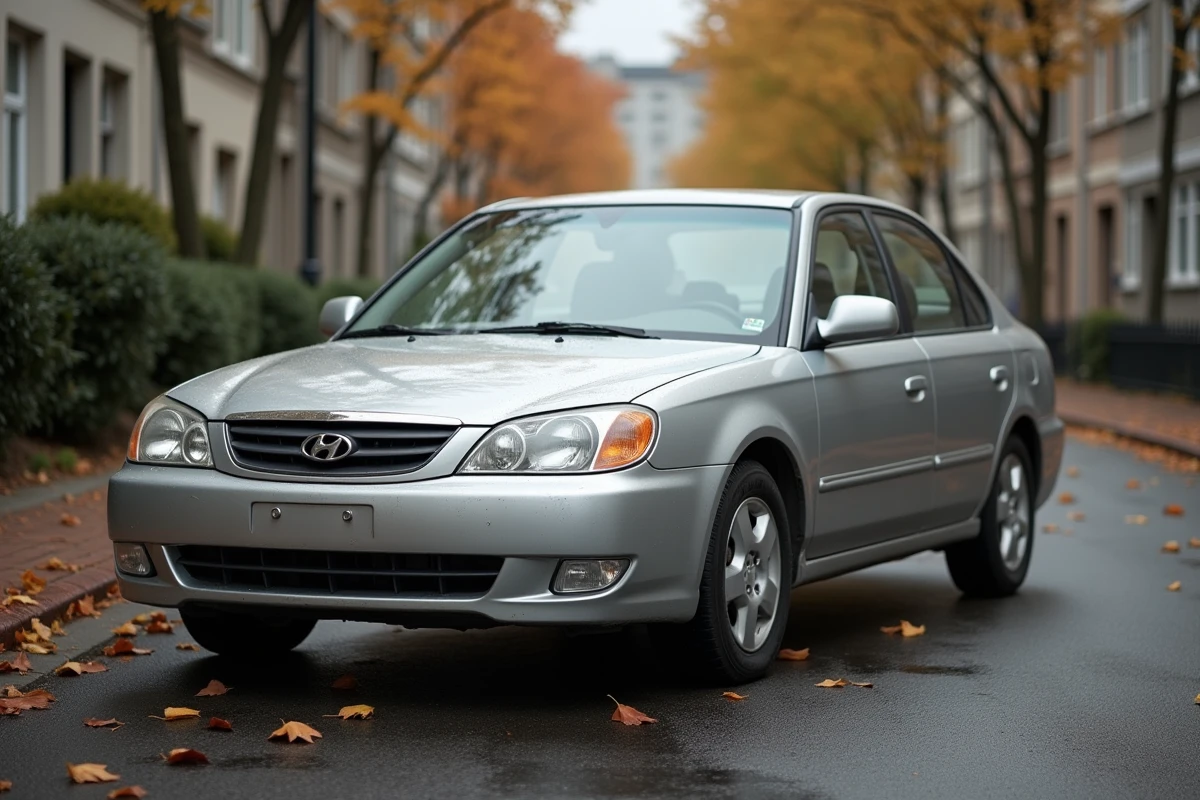 Voiture hybride âgée de 8 ans garée dans une rue urbaine montrant des signes de vieillissement de la carrosserie