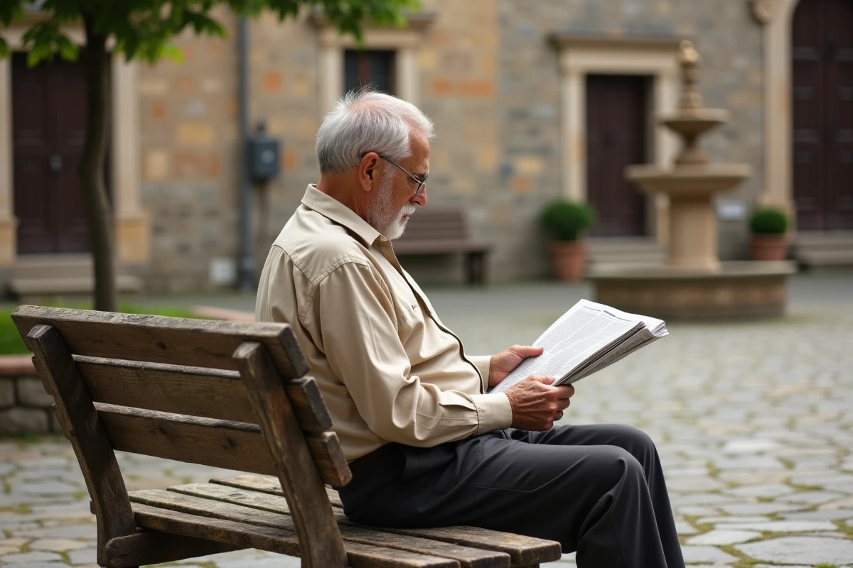 Homme âgé assis sur un banc de village illustrant le vieillissement démographique et la quatrième phase de transition