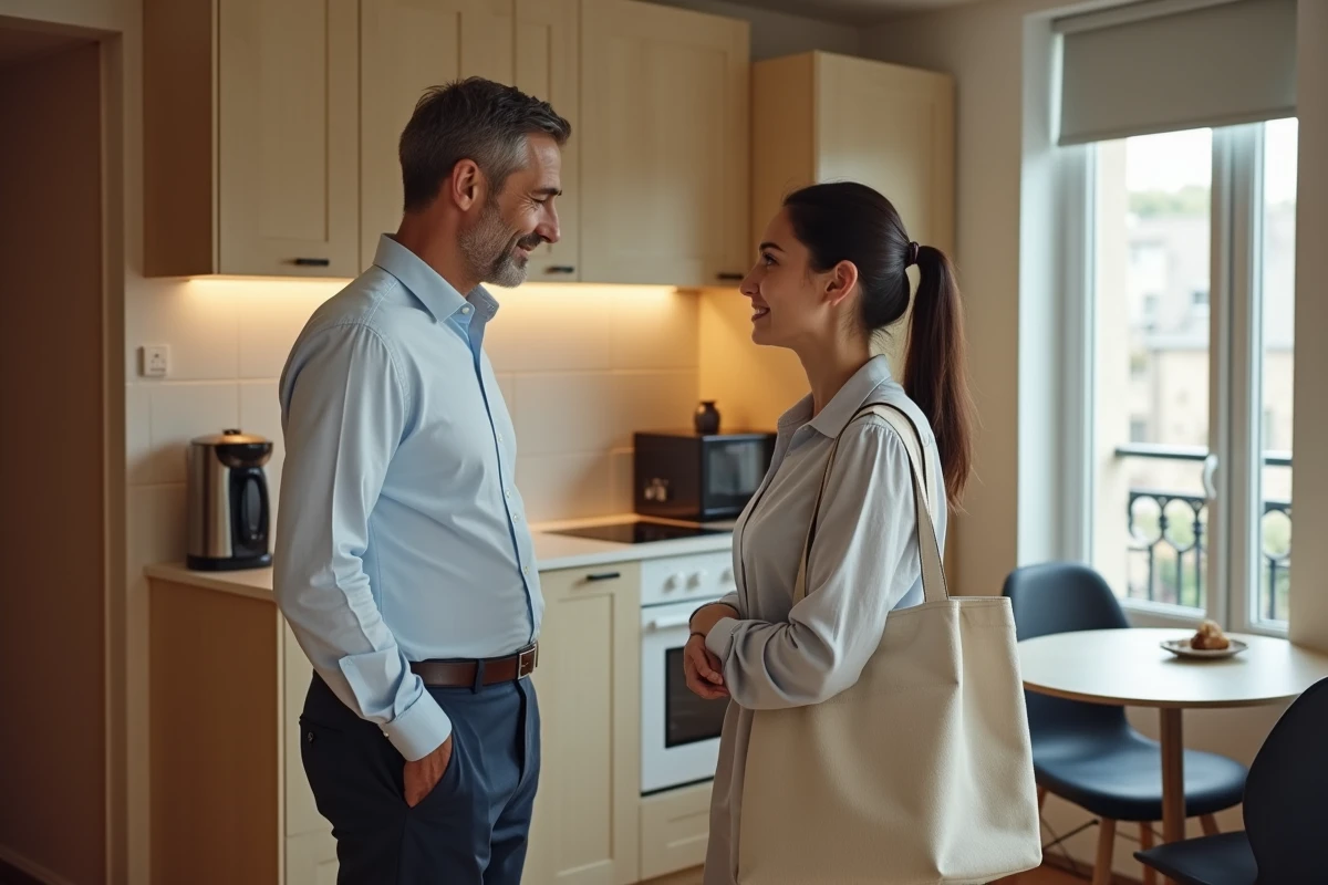 Agent immobilier faisant visiter un studio meublé à une jeune locataire dans un appartement français typique