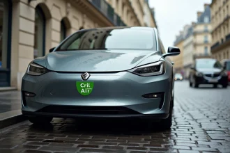 Voiture électrique moderne garée dans une rue parisienne avec la vignette Crit'Air visible sur le pare-brise, illustrant les restrictions de circulation en 2026