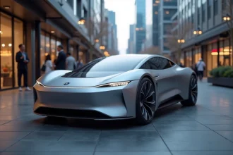 Voiture électrique concept 2026 avec tableau de bord en réalité augmentée garée dans un environnement urbain moderne