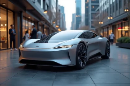 Voiture électrique concept 2026 avec tableau de bord en réalité augmentée garée dans un environnement urbain moderne