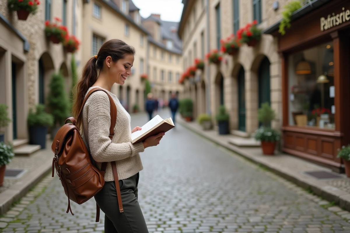 Voyageuse solo consultant son carnet dans un village médiéval français lors d'un voyage en slow tourisme