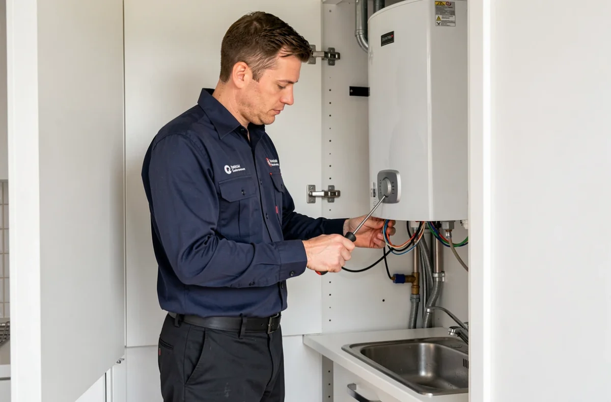 Technicien Zeltron 17 raccordant un chauffe-eau électrique dans un placard technique